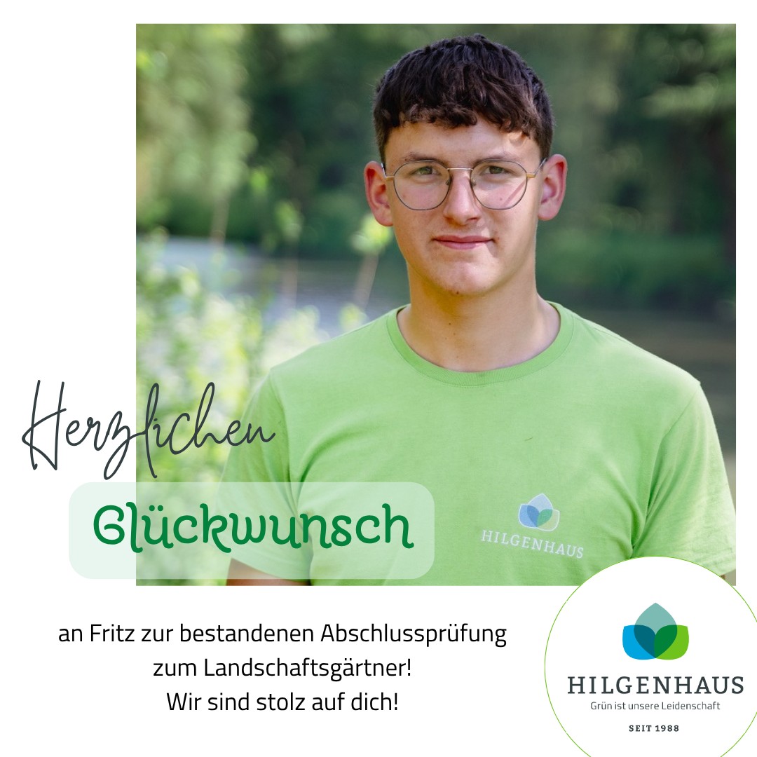 Lieber Fritz,

herzlichen Glückwunsch zur bestandenen Abschlussprüfung!
Wir gratulieren dir von Herzen zu dieser tollen Leistung!
Wir sind stolz auf dich und freuen uns, dass wir dich als Facharbeiter gewinnen konnten und den Weg weiterhin gemeinsam beschreiten!

Wir wünschen dir weiterhin viel Spaß bei deiner täglichen Arbeit, jederzeit ein gut gelauntes Team und alles Gute!

Familie Hilgenhaus und Team 🌱

 #deinezukunft #arnsberg #grünistunsereleidenschaft #landschaftsgärtner